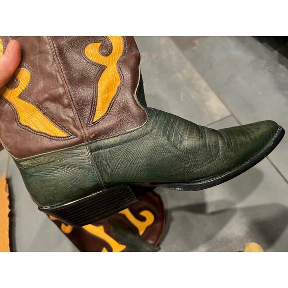 Vintage Nine West Cowboy Boots Brwn with Grn & Mustard Sz 9M Made in Brazil - Picture 5 of 8